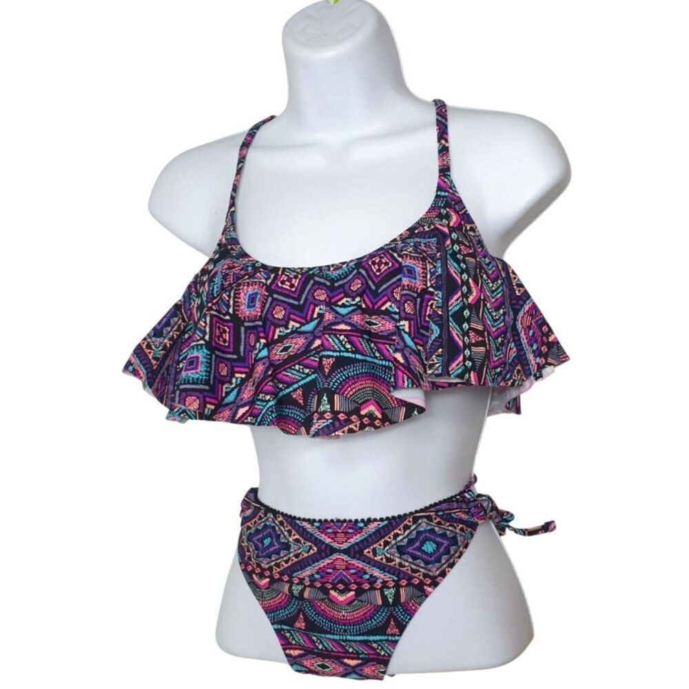 Womens Bikini S/M Aztec Print Ruffled Strappy Back High Waist Bottoms Two-Piece